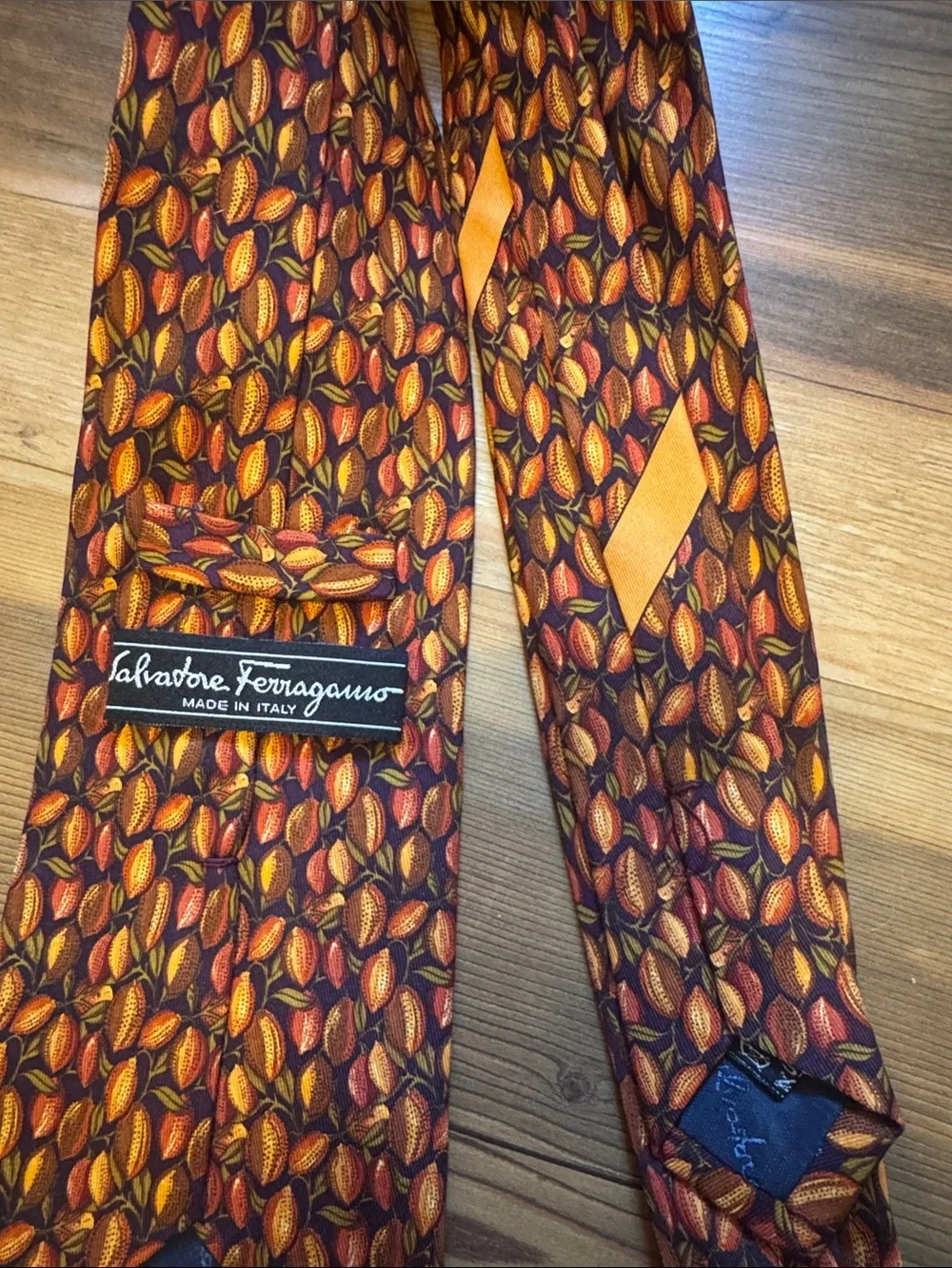 Salvatore Ferragamo Orange and Gold Leaf-Pattern Silk Tie